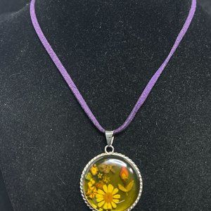 ATL Purple Cord & Sterling Silver Necklace W/ Dried Flower Pendant (4249)